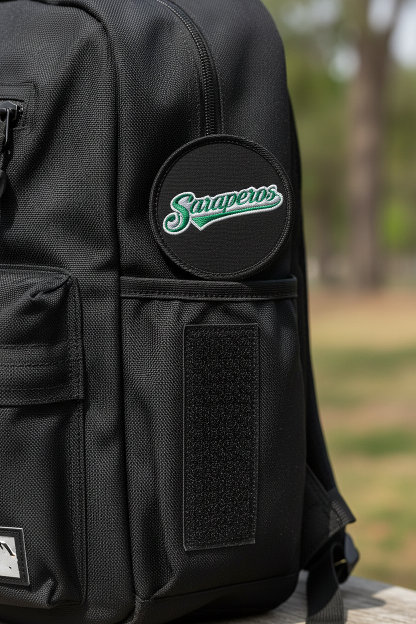 Close-up of a black backpack with a circular black patch featuring the green and white 'Snaperos' script logo, set against a blurred outdoor background.