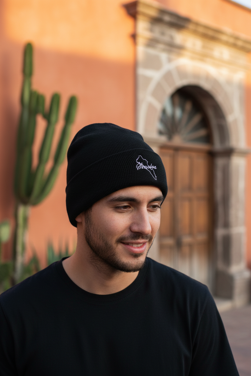 A man wearing a black knit beanie with a white embroidered logo, standing outdoors in front of a warm-toned building with a cactus on the left.