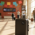 A black hard-shell suitcase with an extended telescoping handle stands on a polished floor in a bright airport terminal. The suitcase features a circular black logo patch on the front.
