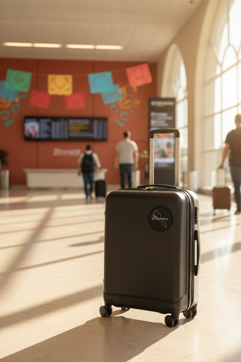 A black hard-shell suitcase with an extended telescoping handle stands on a polished floor in a bright airport terminal. The suitcase features a circular black logo patch on the front.