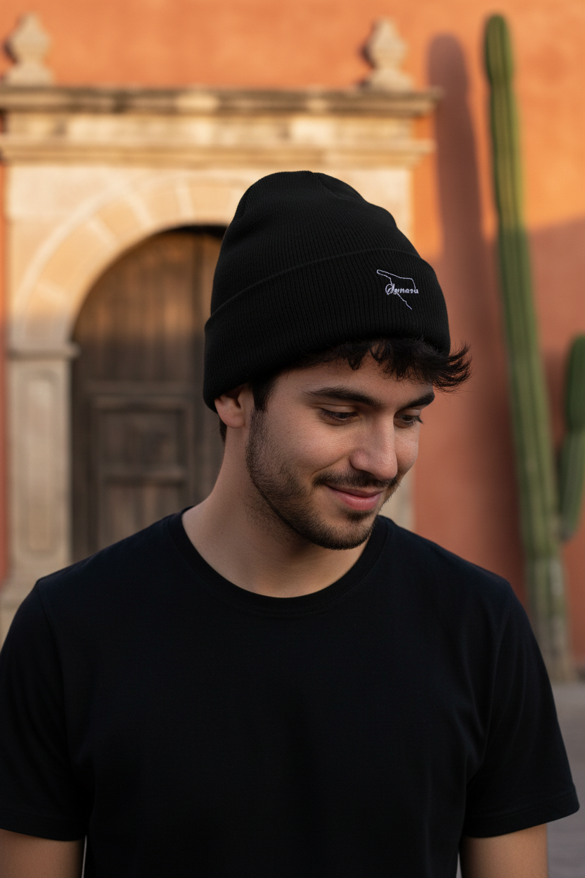 A man wearing a black Sonora knit beanie with a small white embroidered logo on the front, standing outdoors in front of a warm-toned building with a cactus visible in the background.