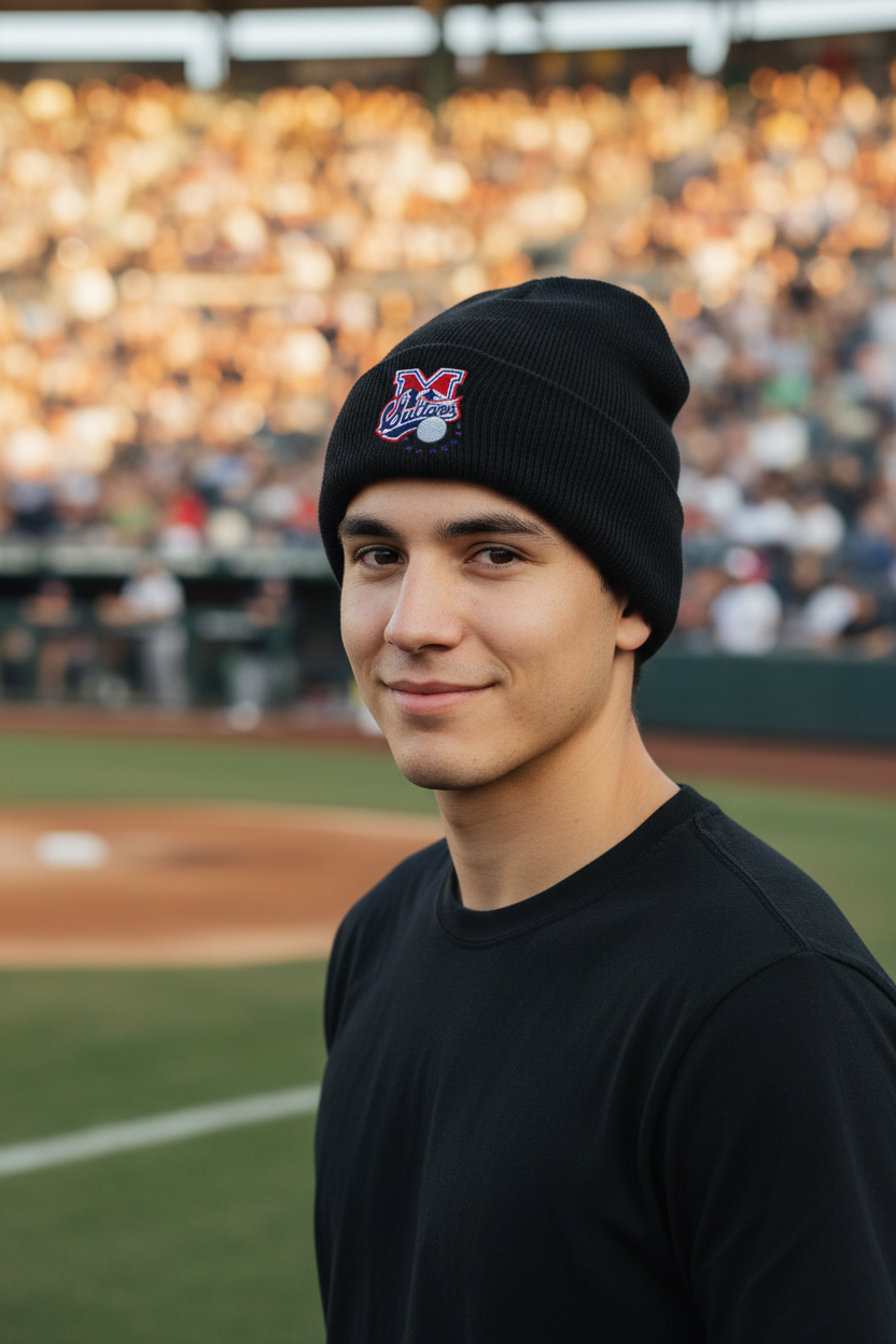 A man wearing a black Sultanes de Monterrey knit beanie with a red, white, and blue 'MLB World Series' logo, standing on a baseball field with a blurred stadium crowd in the background.