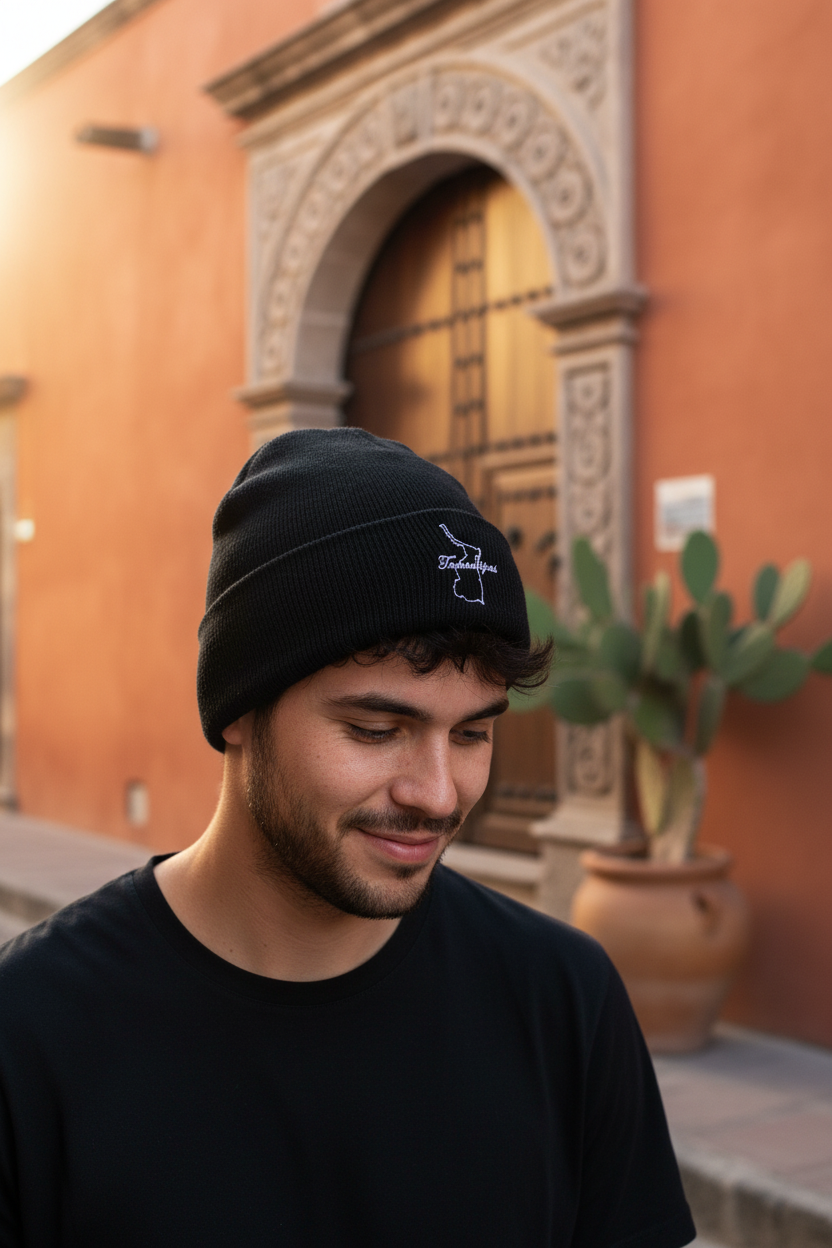 A man wearing a black knit beanie with a small white embroidered Tamaulipas logo, standing outdoors in front of a warm terracotta wall and stone archway.