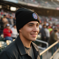 A smiling man in a black jacket wearing a black Tecolotes de Los Dos Laredosknit beanie with a circular team logo, standing in a crowded stadium.