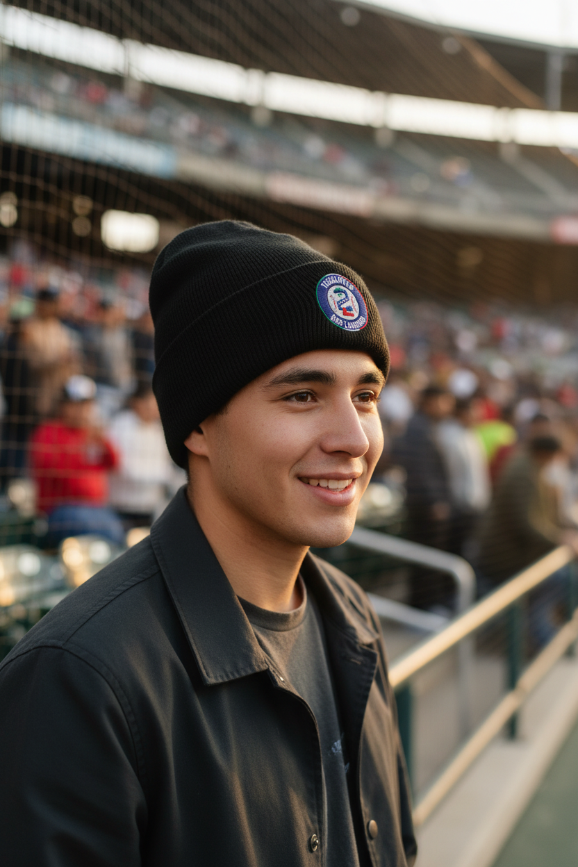 A smiling man in a black jacket wearing a black Tecolotes de Los Dos Laredosknit beanie with a circular team logo, standing in a crowded stadium.