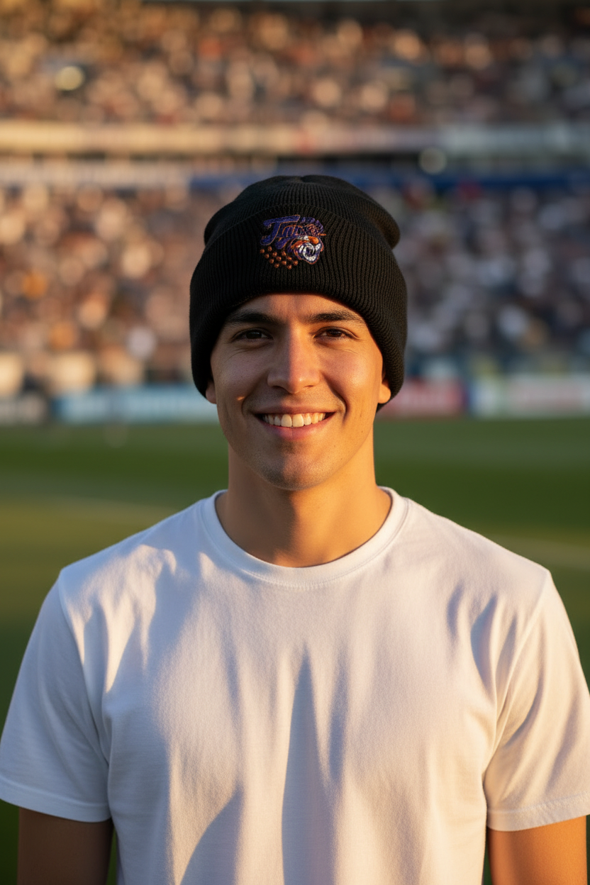 A smiling man wearing a black knit beanie with a Tigres de Quintana Roo logo and a white t-shirt, standing in a stadium with blurred spectators in the background.