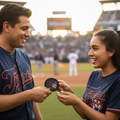 Two smiling baseball players in navy Tigres de Quintana Roo jerseys exchange a round patch at a stadium during a game. The scene includes a real environment with field, stands, and blurred spectators, so this is Lifestyle rather than Product/Packaging.