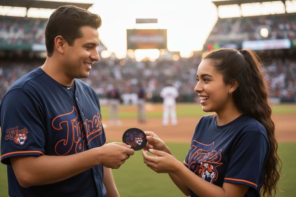 Two smiling baseball players in navy Tigres de Quintana Roo jerseys exchange a round patch at a stadium during a game. The scene includes a real environment with field, stands, and blurred spectators, so this is Lifestyle rather than Product/Packaging.