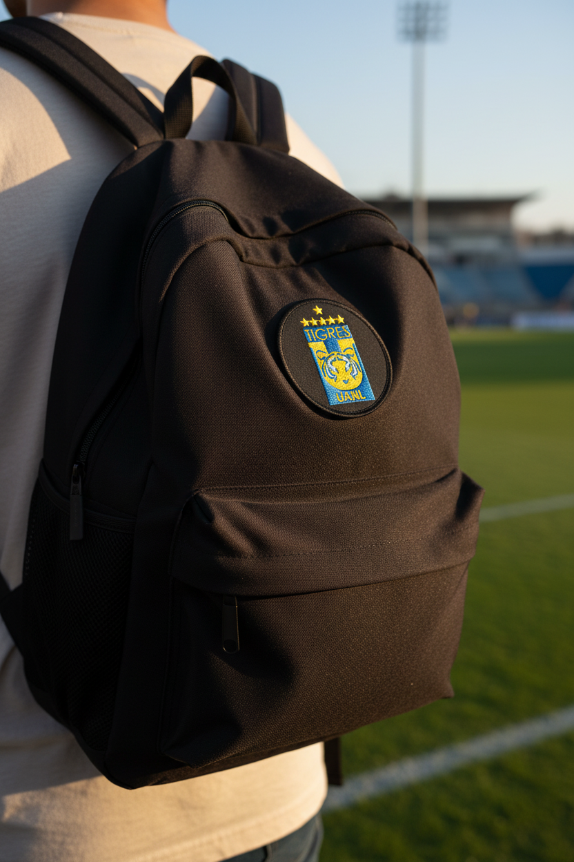A black backpack with a circular Tigres UANL crest patch on the front, worn by a person on a green soccer field at sunset.