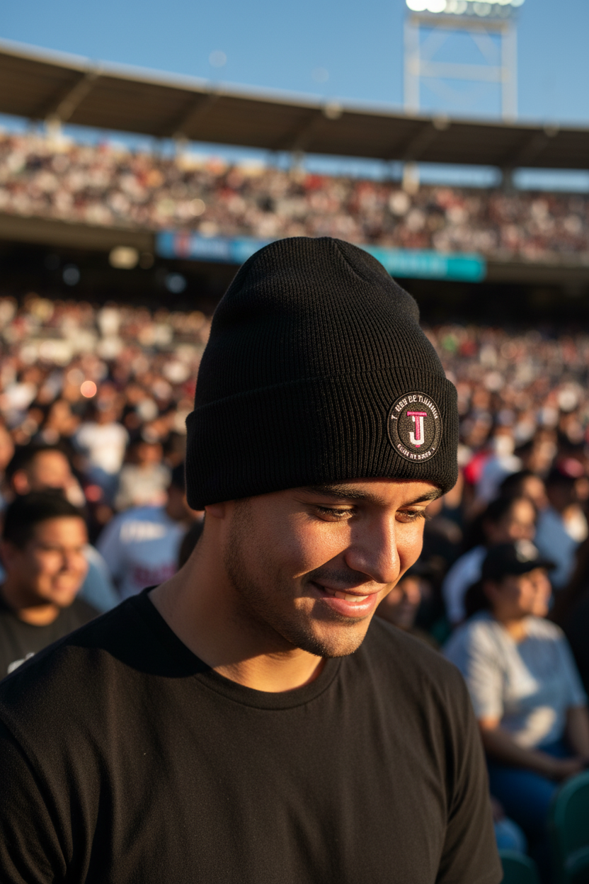 A man wearing a black Toros de Tijuana knit beanie with a circular embroidered logo on the front, seated in a crowded stadium during warm golden hour sunlight.