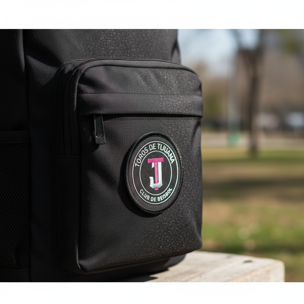 A close-up of a black textured backpack with a front zippered pocket featuring a circular 'Tórres de Tlaxco Club de Regatas' patch, set outdoors on a wooden surface with a blurred park background.