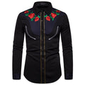 Men's Western Cowboy Shirt – 2021 Fashion Slim Fit Button-Up with Rose Floral Embroidery, Long Sleeve Dress Shirt XXL