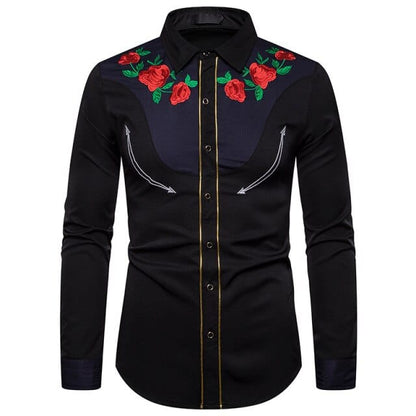Camisa vaquera occidental para hombre 2021, camisa abotonada con bordado floral rosa a la moda, camisas de vestir de manga larga ajustadas para hombre, Camisa XXL