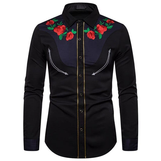 Western Cowboy Shirt Men 2021 Fashion Rose Floral Embroidery Button Up Shirt Mens Slim Fit Long Sleeve Dress Shirts Camisa XXL