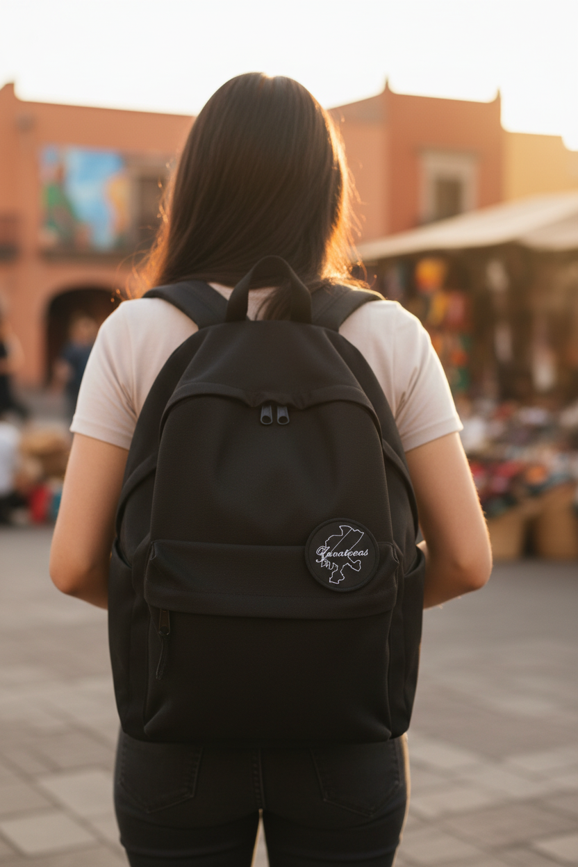 A backpack with a black embroidered patch with the text ' Zacatecas '