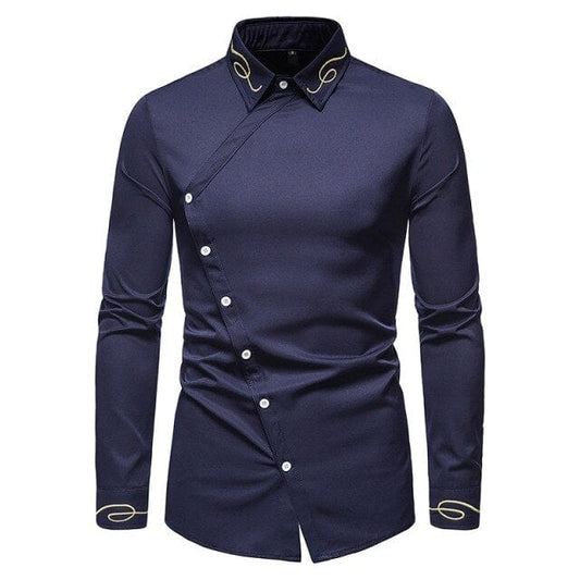 Embroidery Western Cowboy Shirt Mens Fashion Oblique Button Irregular Shirt Long Sleeve Cotton Shirts Streetwear Casual Chemise