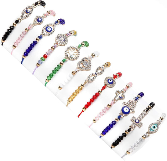 12 piezas de pulseras mexicanas de protección contra el mal de ojo, pulseras de mal de ojo, joyería para el tobillo, oro para mujeres, niñas y niños