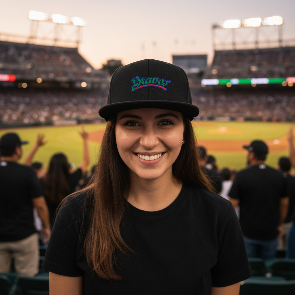 A smiling woman in a baseball stadium wearing a black cap with a teal and pink 'Bravos de Leon' script logo and a black t-shirt, with the field and stadium lights blurred in the background.