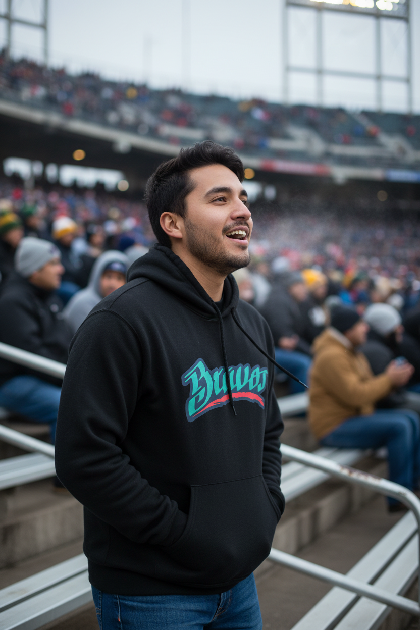 A man wearing a black hoodie with a teal and red 'Bravos' graphic stands in a crowded stadium crowd.