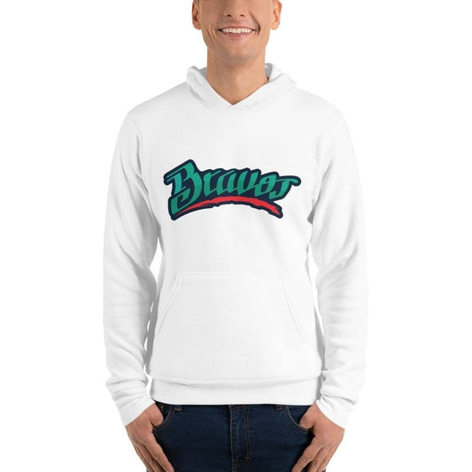 A person wearing a white unisex hoodie with the text 'Bravos' written across the front in stylized lettering.