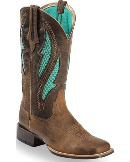 Brown cowgirl boots with side cutouts, stitched detailing, and teal lining