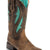 Brown cowgirl boots with side cutouts, stitched detailing, and teal lining