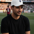 A man wearing a white baseball cap with a dark crest CF Monterrey logo and a black t-shirt, sitting in a stadium with a blurred crowd in the background.