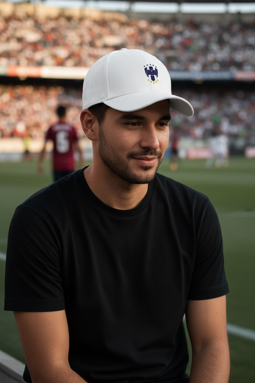 A man wearing a white baseball cap with a dark crest CF Monterrey logo and a black t-shirt, sitting in a stadium with a blurred crowd in the background.
