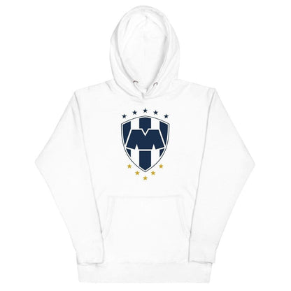 A white hoodie with a chest emblem featuring a shield and stars, representing a sports team FC Monterrey.