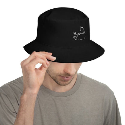 A man wearing a black fisherman's hat with a white Campeche logo on the front.