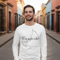 A person wearing a white long sleeve T-shirt with 'Campeche' text and a map outline on the front.