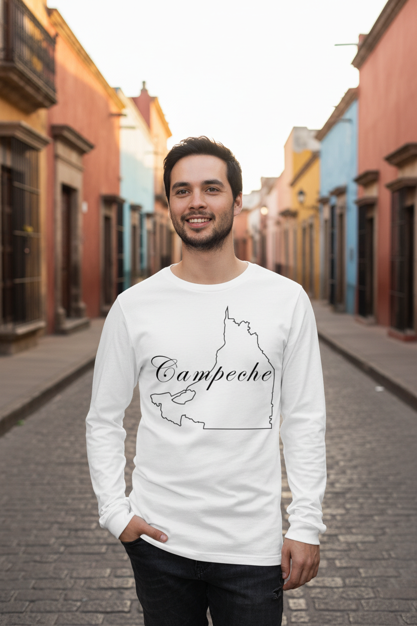 A person wearing a white long sleeve T-shirt with 'Campeche' text and a map outline on the front.