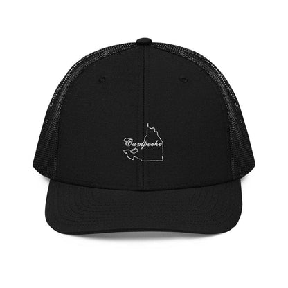 Black snapback trucker cap with a structured design, adjustable plastic closure, and a white 'Campeche' text embroidered on the front.