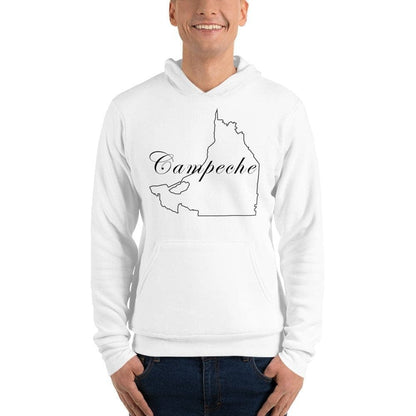 A person wearing a white hoodie with the text 'Campeche' printed on the front in black script.