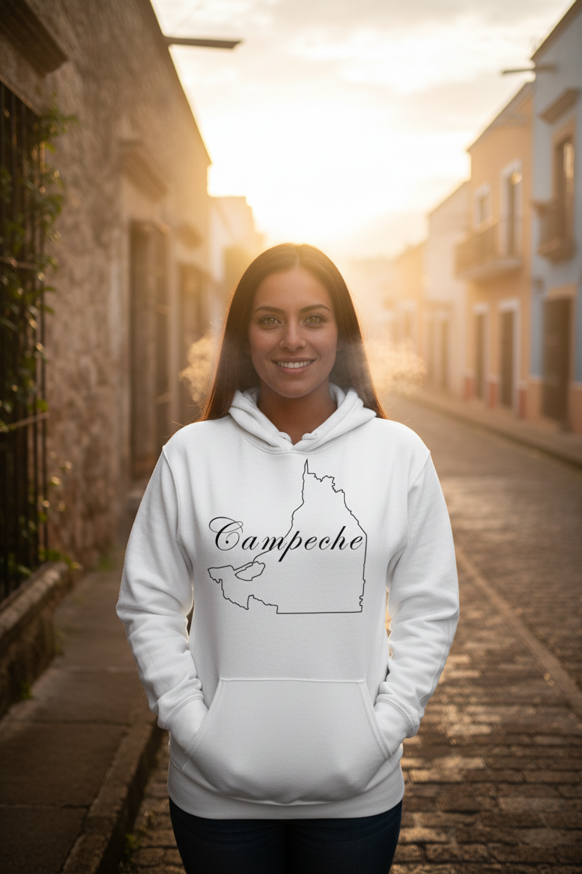 A woman stands on a sunlit cobblestone street wearing a white hoodie with a black outline graphic of the Guatemalan map and the word 'Campeche' across the front.