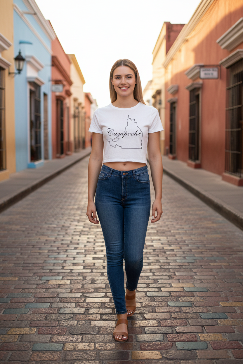A woman walking down a cobblestone street wearing a white crop top with a black outline map of Cape Town and the word 'Campeche printed on the front, paired with dark blue jeans and brown sandals.