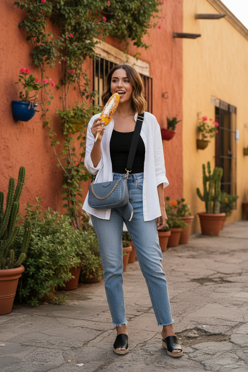 A woman stands on a stone walkway in front of a warm orange stucco building, wearing a white open-front cardigan over a black top, light blue jeans, and black slide sandals. She is holding a drink and wearing a blue crossbody bag.