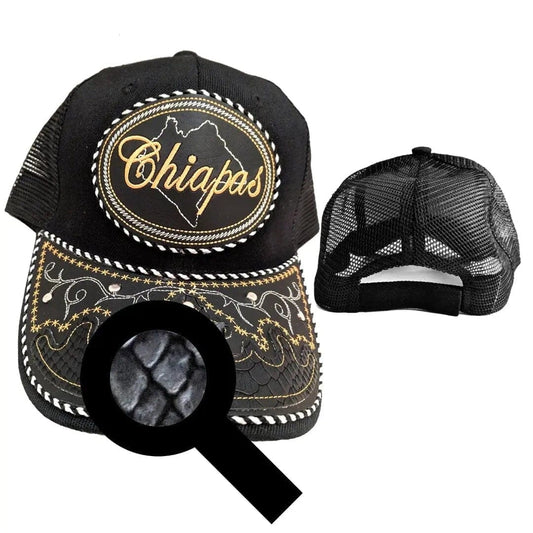 Chiapas Hat, Adjustable Unisex, Charro Style, Polyester/Acrylic, Embroidered Snake Skin Design in Black