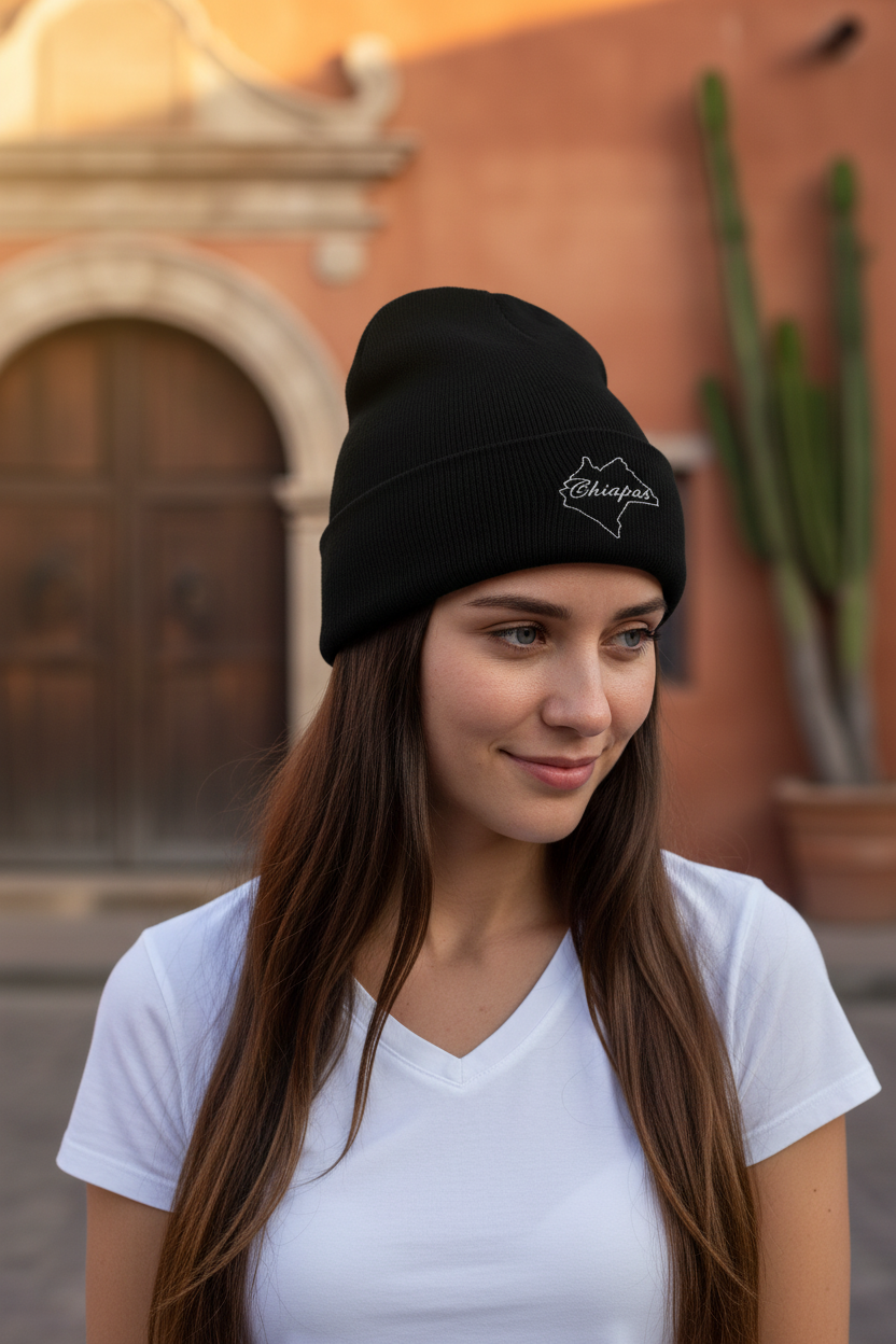 A person wearing a black beanie hat with an embroidered design on the front.