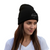 Black knit beanie hat with embroidered logo patch on front