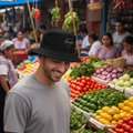 A man wearing a black Chiapas bucket hat with a white logo and a gray t-shirt stands in a bustling outdoor market stall filled with fresh vegetables like tomatoes, limes, and herbs.
