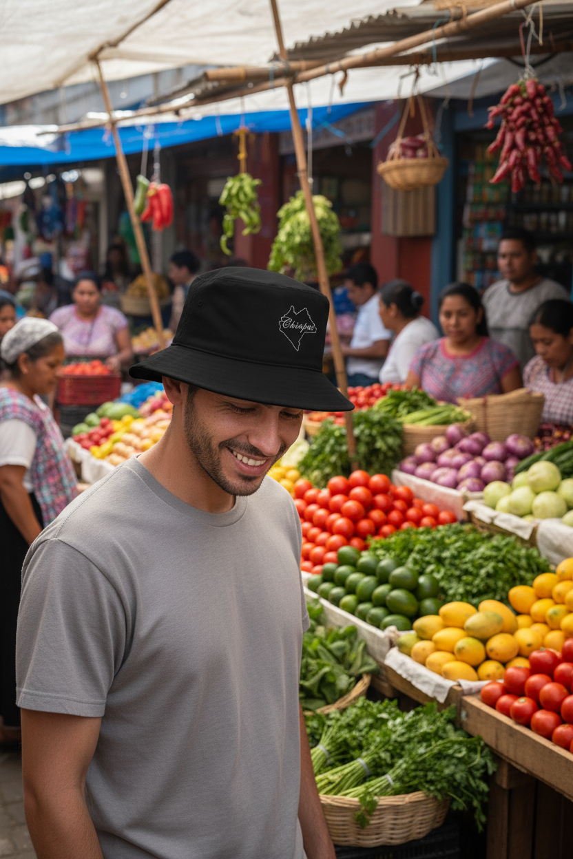 A man wearing a black Chiapas bucket hat with a white logo and a gray t-shirt stands in a bustling outdoor market stall filled with fresh vegetables like tomatoes, limes, and herbs.