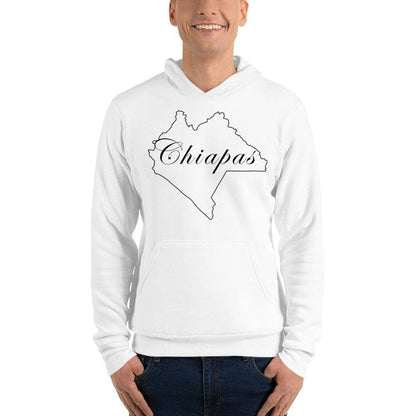 A person wearing a white unisex hoodie with the text 'Chiapas' written in a stylized font.