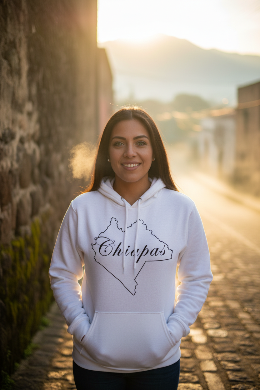 A person wearing a white unisex hoodie with the text 'Chiapas' written in a stylized font.