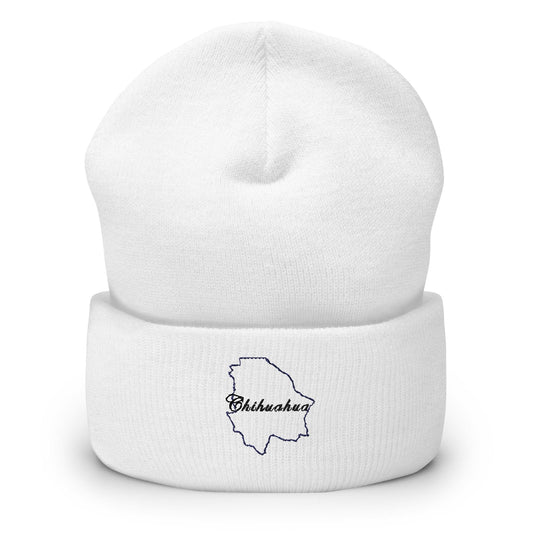 white beanie with 'Chihuahua' text embroidered on the cuff.