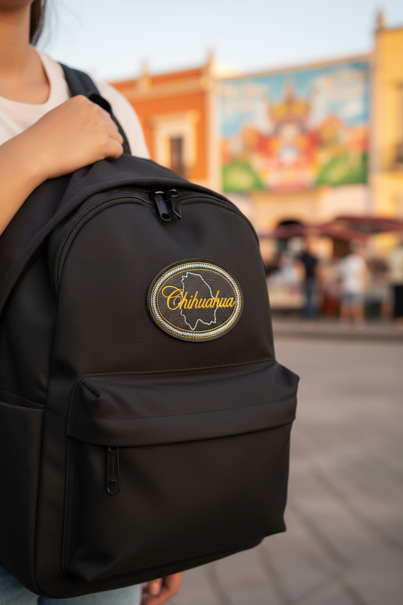 A black backpack with a circular embroidered patch featuring the outline of Chihuahua and the word 'Chihuahua' in gold script, shown being worn by a person in an outdoor setting with a blurred mural in the background.