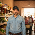 A man wearing a light blue denim western-style button-up shirt, dark blue jeans, and a black baseball cap stands in a rustic grocery store aisle with shelves of produce and other shoppers blurred in the background.
