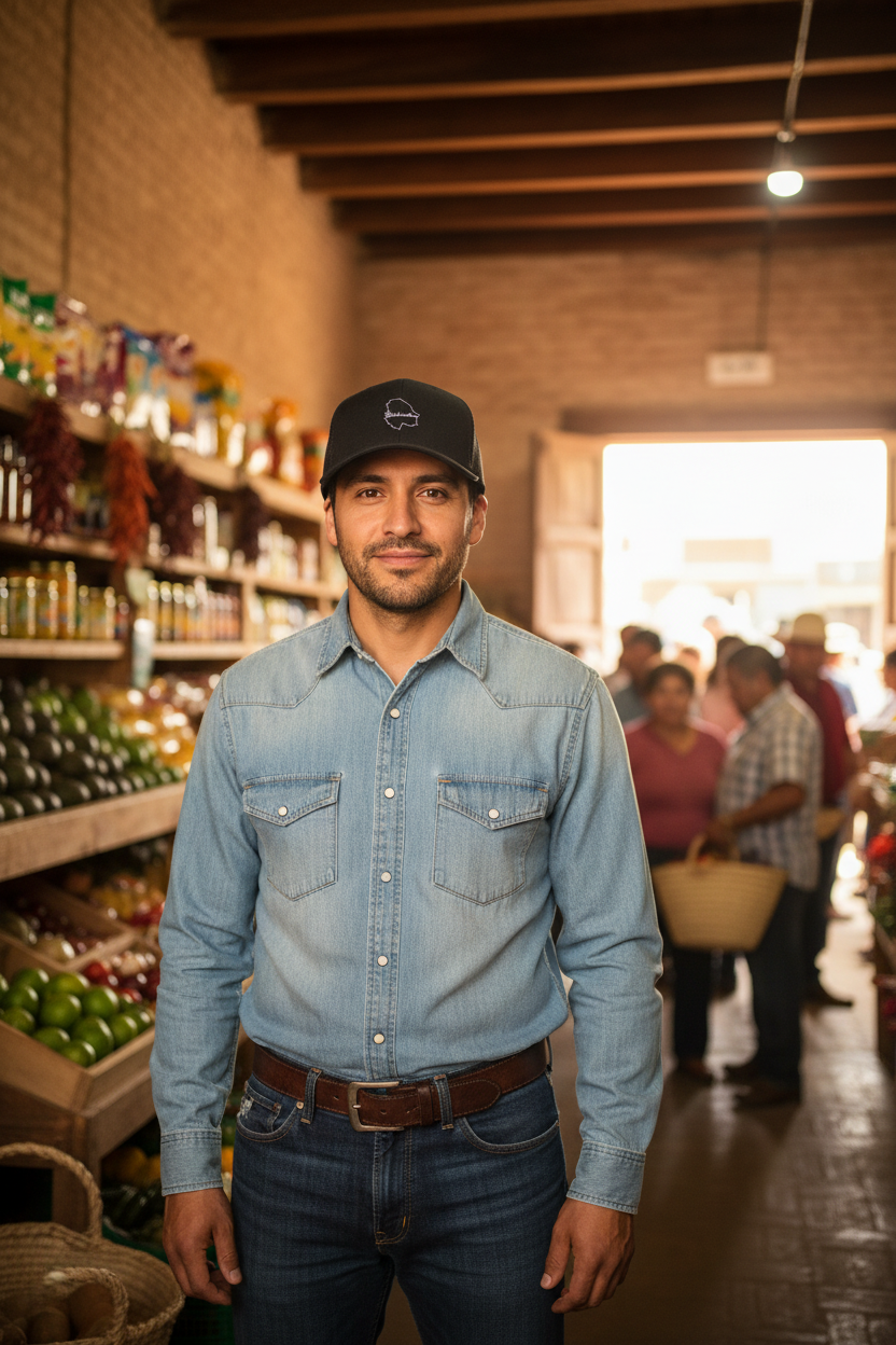 A man wearing a light blue denim western-style button-up shirt, dark blue jeans, and a black baseball cap stands in a rustic grocery store aisle with shelves of produce and other shoppers blurred in the background.