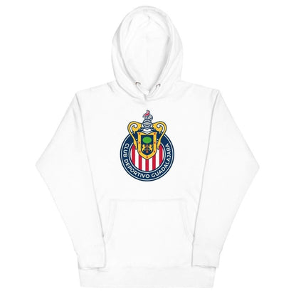 A white hoodie with the Club deportivo Guadalajara Chivas logo on the front.