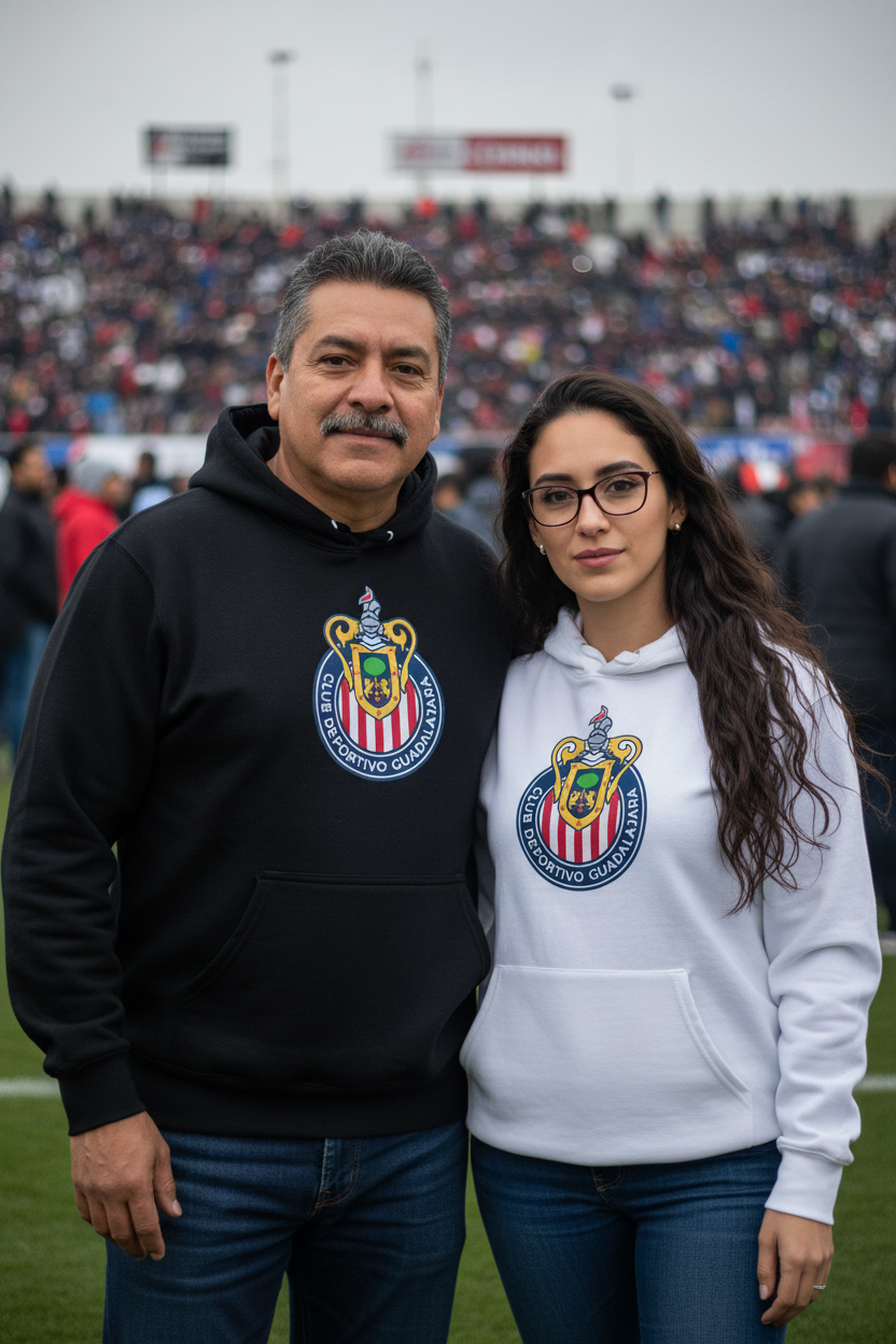 A white hoodie with the Club deportivo Guadalajara Chivas logo on the front.